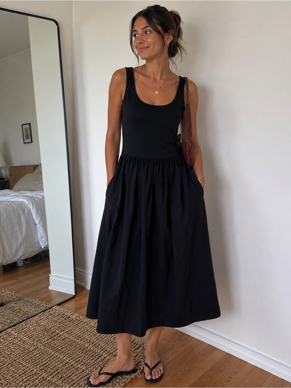 Marcella Sleeveless Black Midi Dress with Gathered Skirt